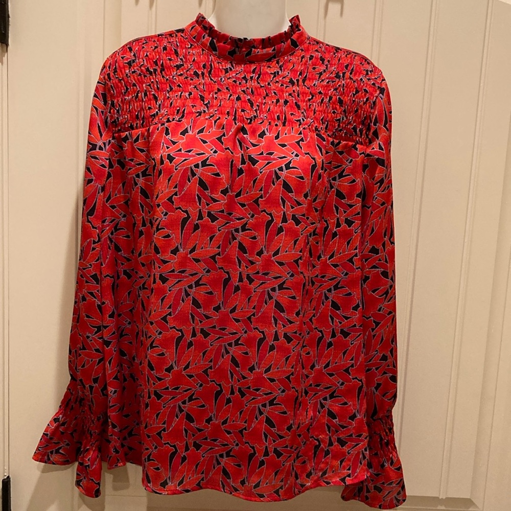Ann Taylor Women’s Size S Blouse Top High Ruffle Neck Ruching Balloon Sleeves